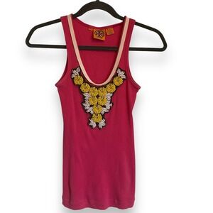 Tory Burch Ribbed Tank Top XS Pink Floral Beaded Neckline Bow Back Desert Blooms